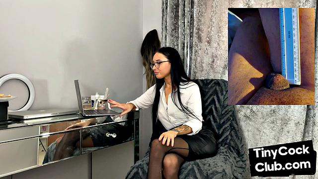 Solo femdom in leather and stockings laughs at small dicks