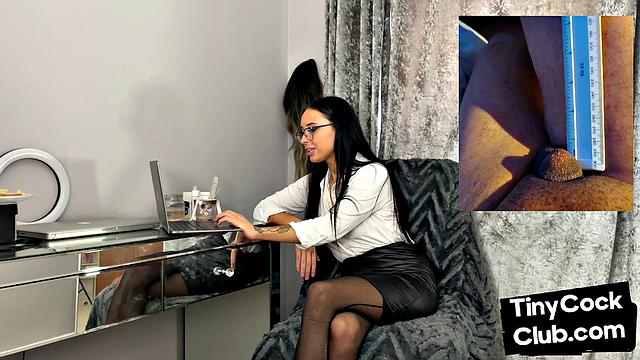 Solo femdom in leather and stockings laughs at small dicks