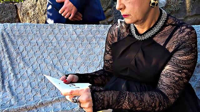 MATURE4K. Resting outside leads to fun for posh madame and man