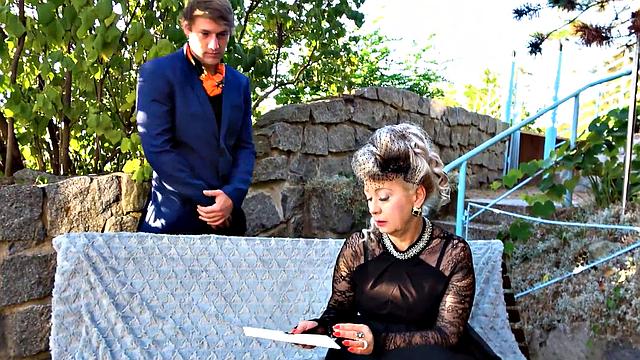 MATURE4K. Resting outside leads to fun for posh madame and man