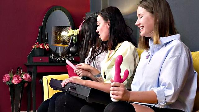 Lez bitches in threesome licking wet pussies