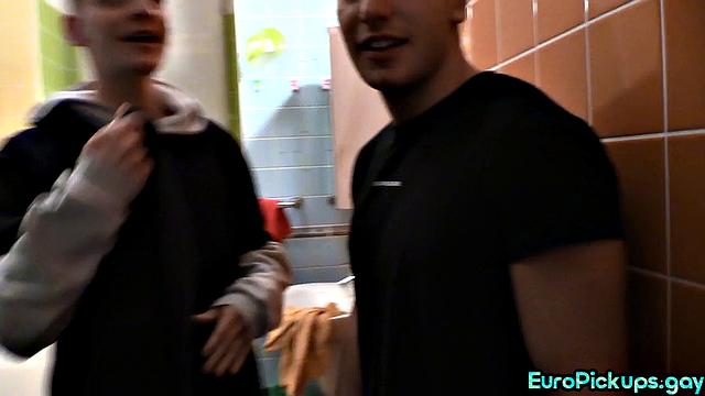 Skinny cute stud wanking stranger's dick