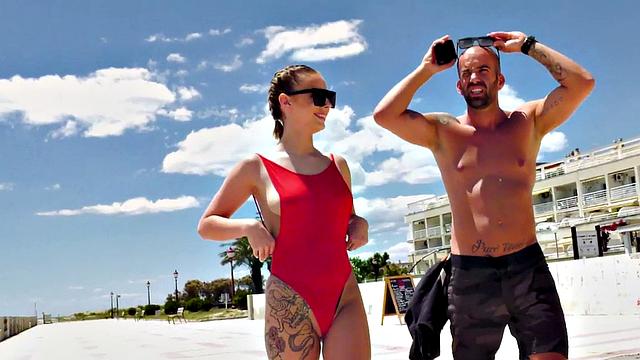 Latin babe deepthroats BF before getting fucked in public beach