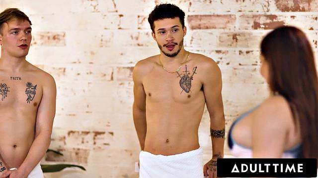 ADULT TIME - Busty Masseuse Natasha Nice DOUBLE NURU With Inexperienced Studs!