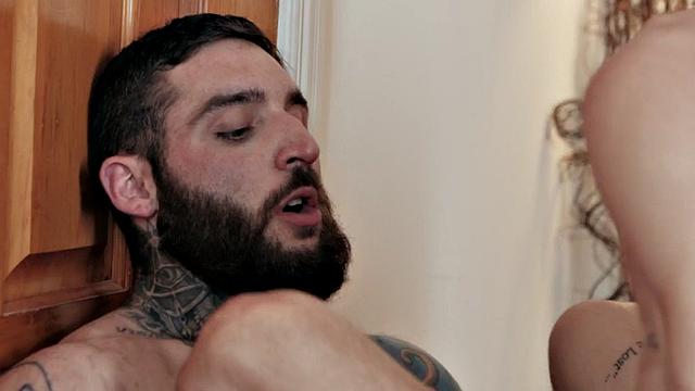 Inked firefighter jock fucks asshole of skinny twink