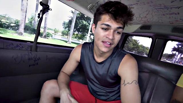 Stud fucks hunk in pickup bus till cum in mouth