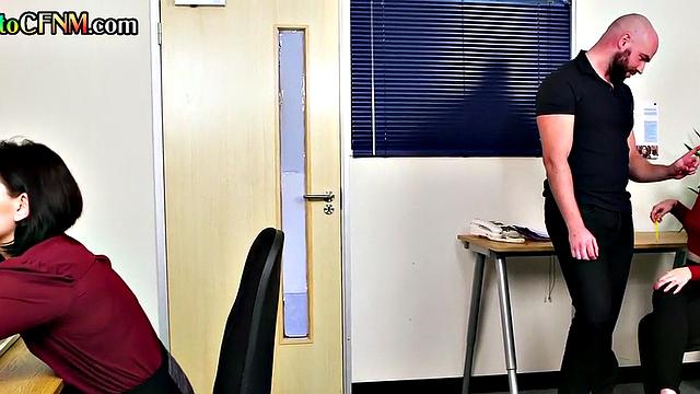 CFNM secretaries suck cock of lucky man in office BJ