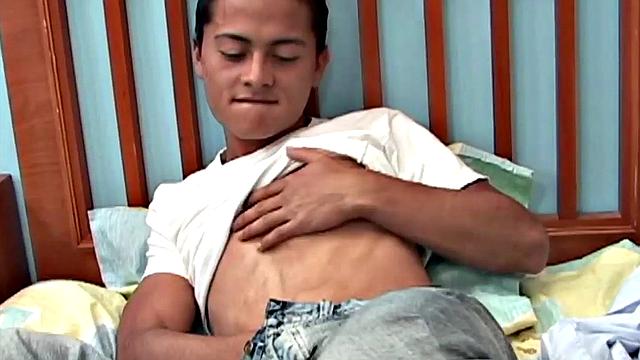 Amateur solo Latin twink with skinny body jerks off