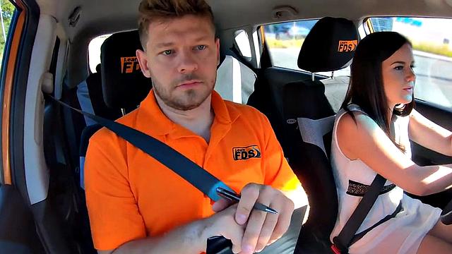 Inked driving learner throating in car before public fucked