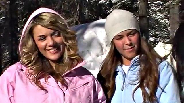 Naughty ski babes teasing us flashing