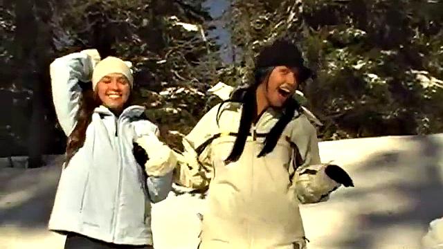 Naughty ski babes teasing us flashing