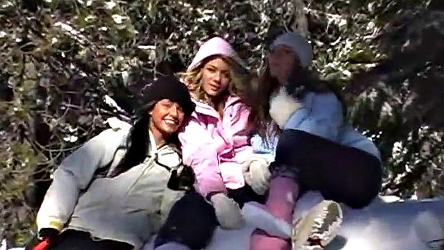 Naughty ski babes teasing us flashing