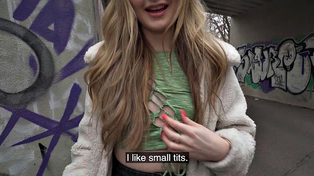 Public petite 21yo fucked outdoors in POV casting for cash