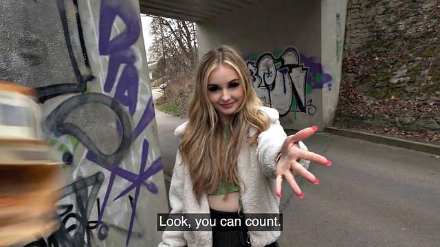 Public petite 21yo fucked outdoors in POV casting for cash