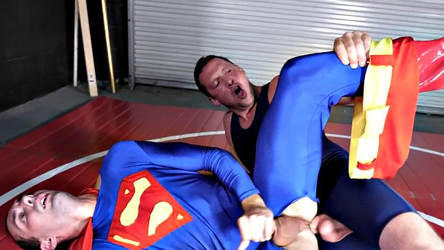 Cosplay stud barebacked by big cock wrestler