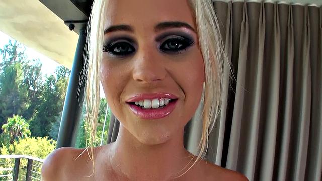 Blonde bombshell with huge tits enjoys solo play in the bathtub