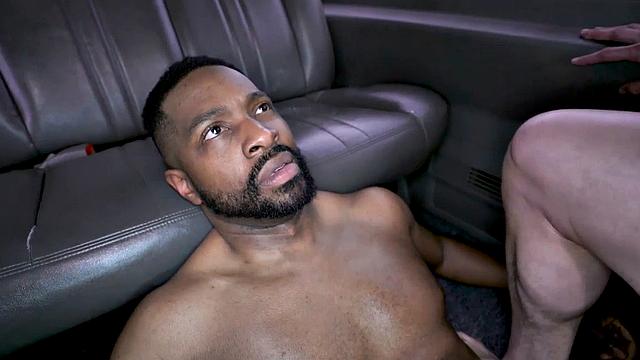Black straight jock fucks white ass in public van