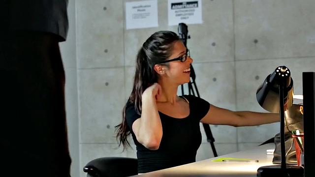 Office spex babe sucking before riding and tugging at work