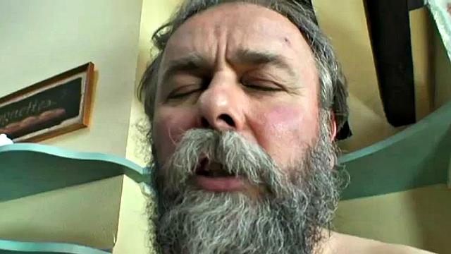 Hairy teen blows old man cock