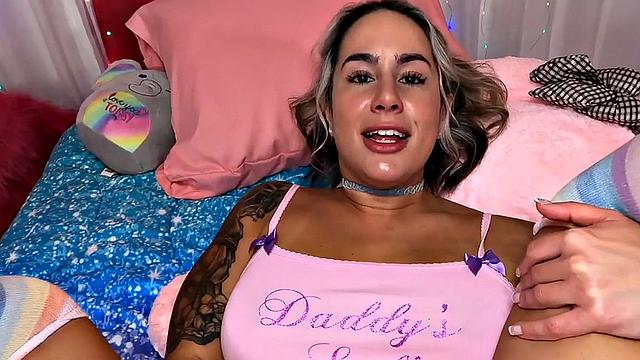 Inked stepdaughter rubs twat for stepdad and talks dirty