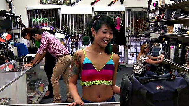 Petite Asian babe gets her tight pussy pounded in the office