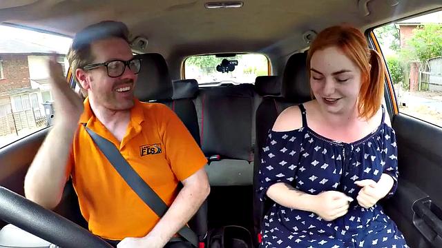 Curvy ginger publicly riding british driving teacher in car