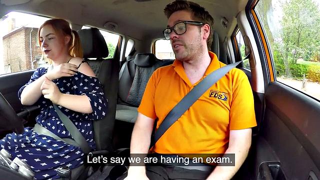 Curvy ginger publicly riding british driving teacher in car
