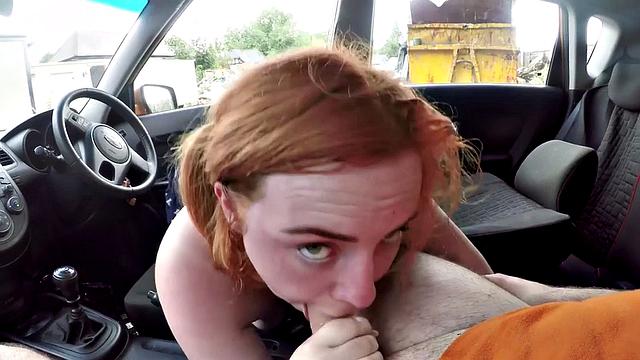 Curvy ginger publicly riding british driving teacher in car