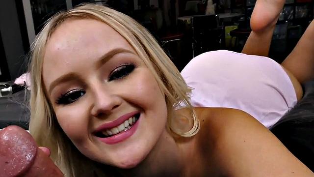 Cute face tugging lover spoils POV dick with her oiled hands