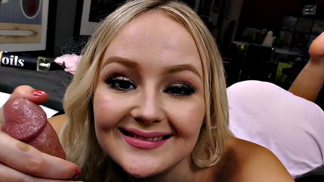 Cute face tugging lover spoils POV dick with her oiled hands