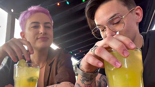 Amateur tattooed queer fingers pink hair GF at home