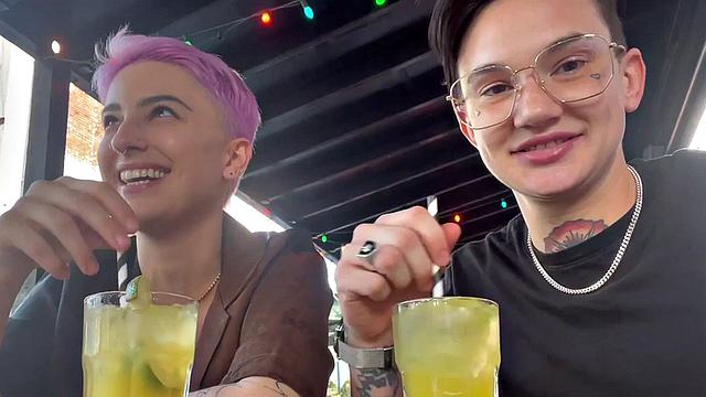 Amateur tattooed queer fingers pink hair GF at home