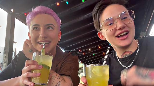 Amateur tattooed queer fingers pink hair GF at home