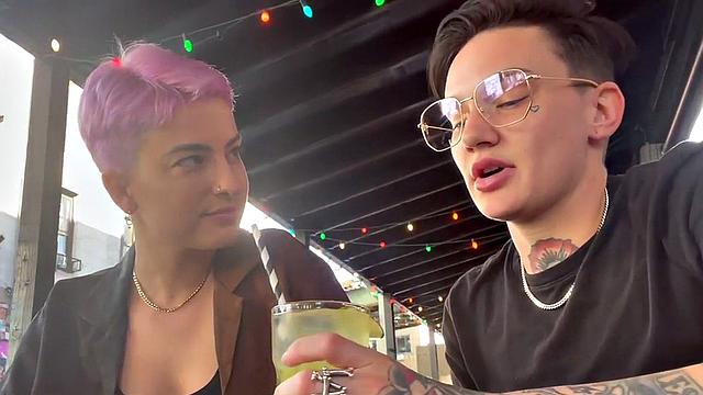 Amateur tattooed queer fingers pink hair GF at home