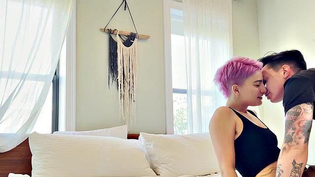 Amateur tattooed queer fingers pink hair GF at home