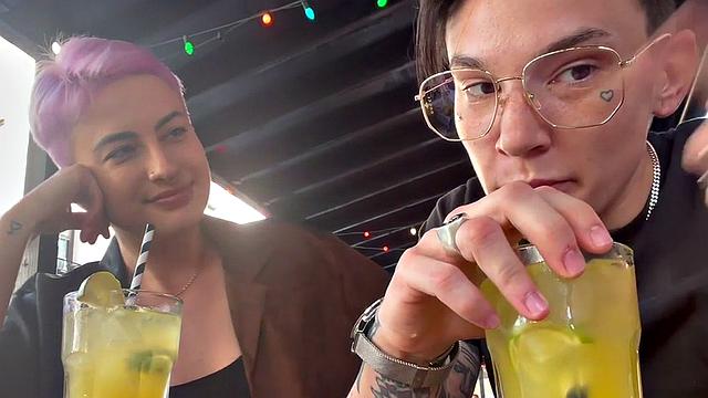 Amateur tattooed queer fingers pink hair GF at home