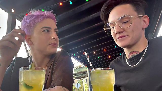 Amateur tattooed queer fingers pink hair GF at home