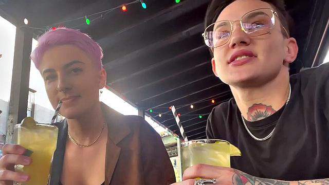 Amateur tattooed queer fingers pink hair GF at home