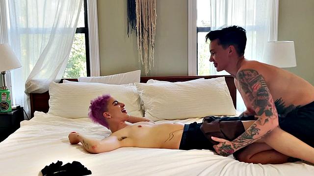 Amateur tattooed queer fingers pink hair GF at home