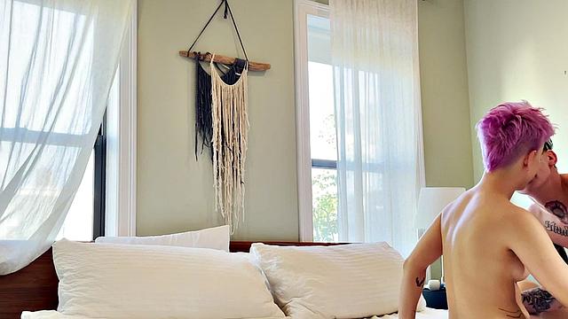 Amateur tattooed queer fingers pink hair GF at home