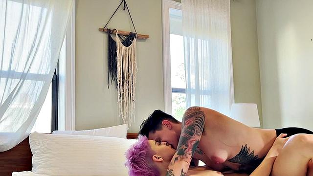 Amateur tattooed queer fingers pink hair GF at home
