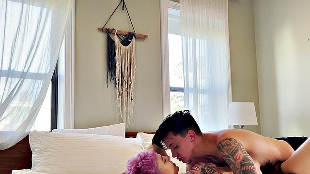 Amateur tattooed queer fingers pink hair GF at home