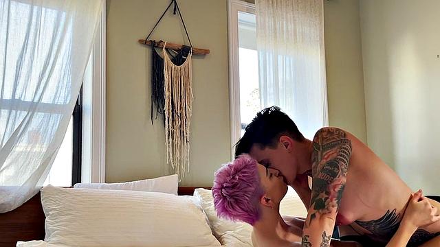 Amateur tattooed queer fingers pink hair GF at home