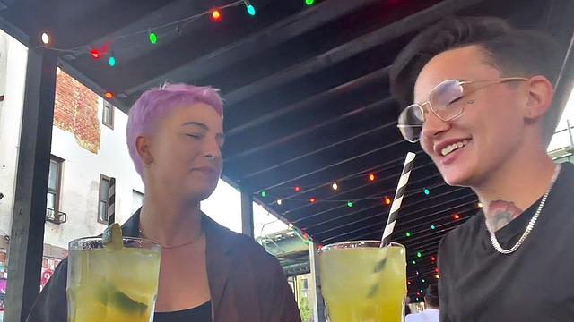 Amateur tattooed queer fingers pink hair GF at home