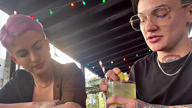 Amateur tattooed queer fingers pink hair GF at home