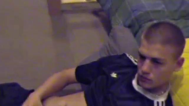 Lance pops a porn video in and pulls out his boner, then starts a nice long stroke shoe, getting himself close to climax several times. Once past the point of no return, he pumps out a nice cum load onto his belly.