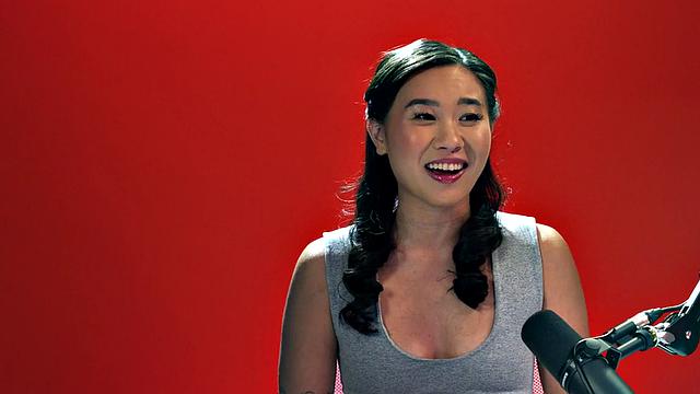 Horny Asian babe toys pussy after solo casting