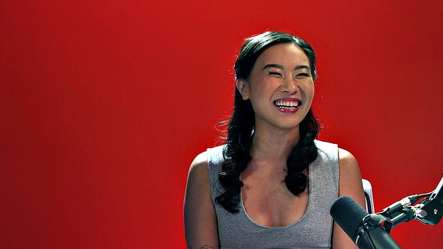 Horny Asian babe toys pussy after solo casting