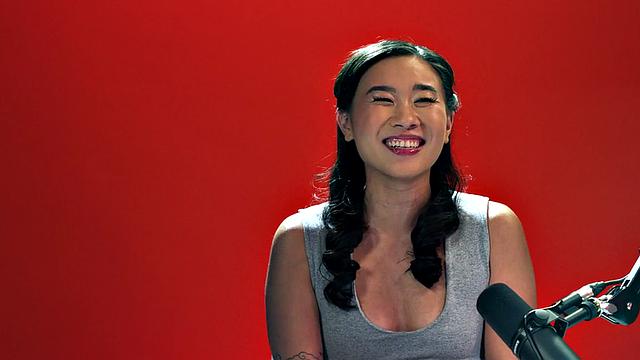 Horny Asian babe toys pussy after solo casting