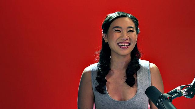 Horny Asian babe toys pussy after solo casting